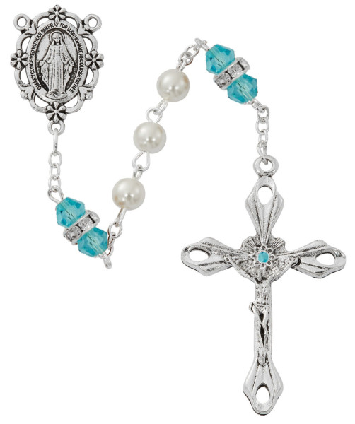 March Birthstone Rosary Aquamarine Pearl Glass - Aqua