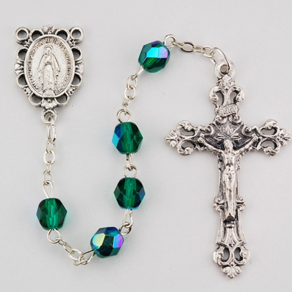 May Emerald Green Aurora Glass Bead Rosary - Green