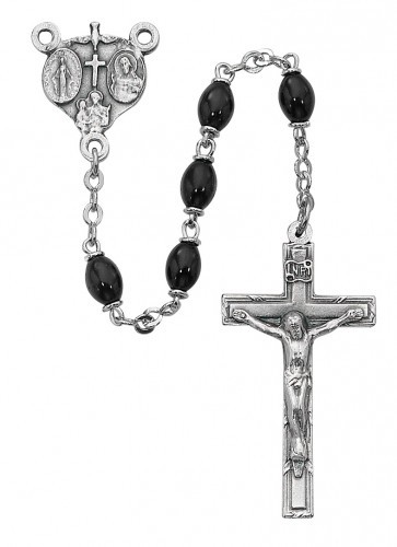 Men's Black Glass Rosary with Miraculous, Sacred Heart, and St. Joseph Centerpiece - Black