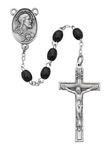 Men's Black Wood Rosary with Sacred Heart Centerpiece - Black