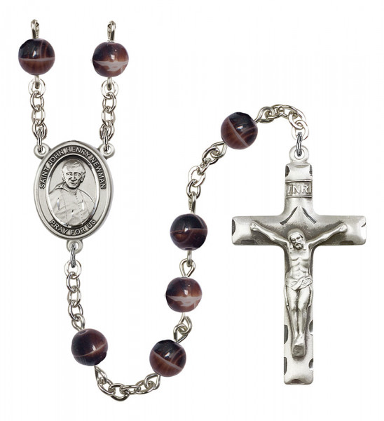 Men's Saint John Henry Newman Silver Plated Rosary - Brown