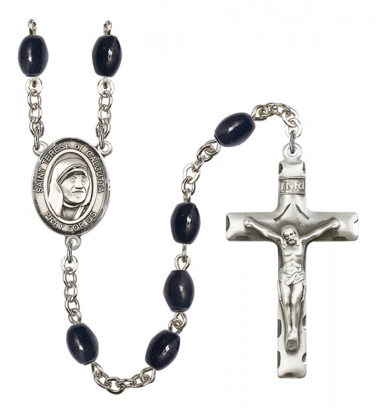 St. Teresa of Calcutta Silver Plated Rosary - Black Oval