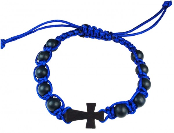 Men's Blue Wood Beads with Cross and Black Cord Bracelet - Blue