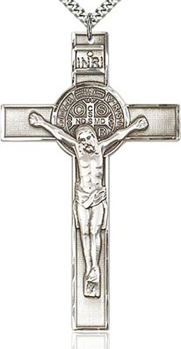 Men's Large St. Benedict Crucifix Pendant - Silver