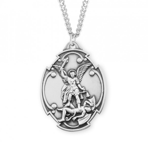 Men's Large Unique Saint Michael Wide Cross Shield Medal - Sterling Silver