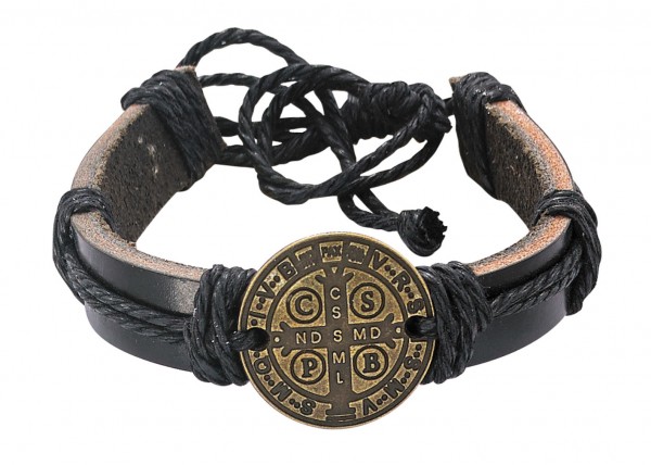 Men's Leather Bracelet with St Benedict Medal Adjustable - Black | Gold