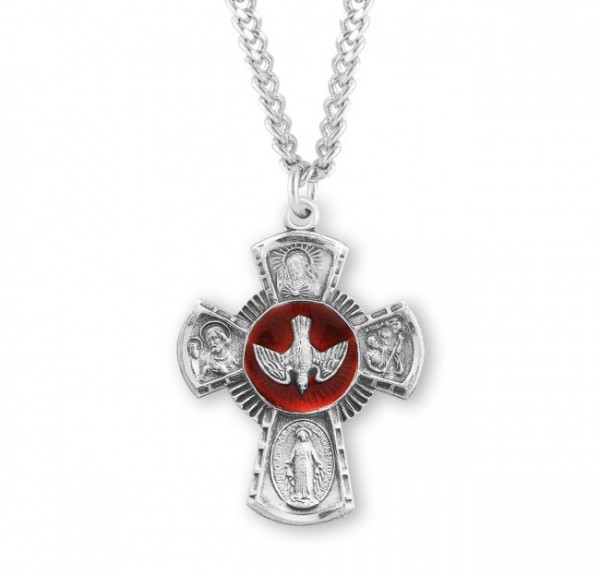 Men's Red Enamel 4 Way Cross Sterling Silver Pendant - Silver | Red