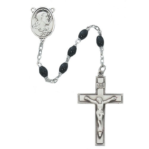 Men's Rosary with Black Glass and Sacred Heart Centerpiece - Black