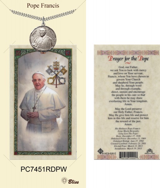 Men's Round Pope Francis Pewter Pendant w. Prayer Card - Pewter