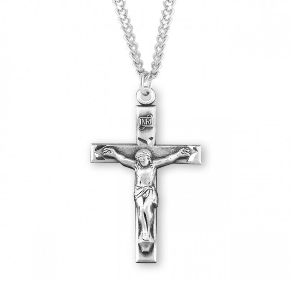 Men's Square Edge Hand Etched Crucifix Necklace - Sterling Silver