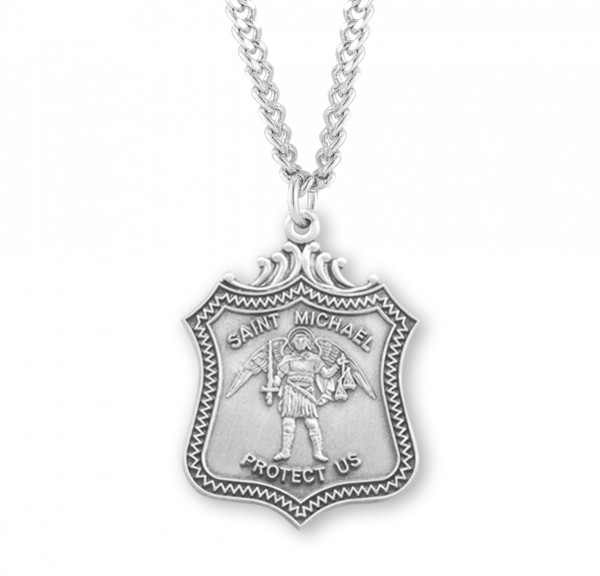 Men's Wide Shield Saint Michael Medal - Sterling Silver
