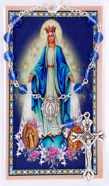 Miraculous Auto Rosary with Prayer Card - Light Blue