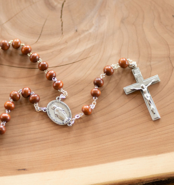 Miraculous Center Brown Bead Rosary - Brown