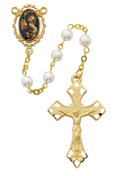 Mother and Child Gold Tone Rosary - Pearl White