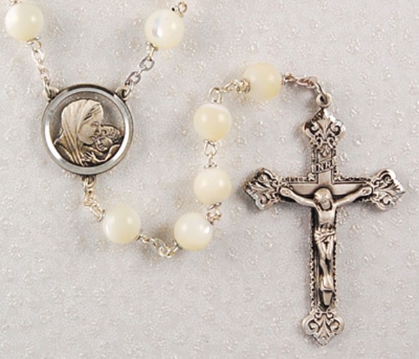 Mother of Pearl Madonna and Child Rosary - Pearl White