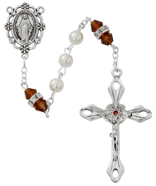 November Birthstone Rosary Topaz Pearl Glass - Topaz