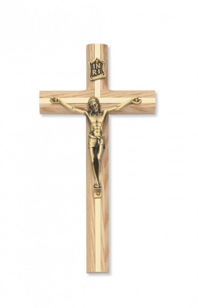 Oak Crucifix with Gold-Tone Inlay 8 inch beveled - Gold