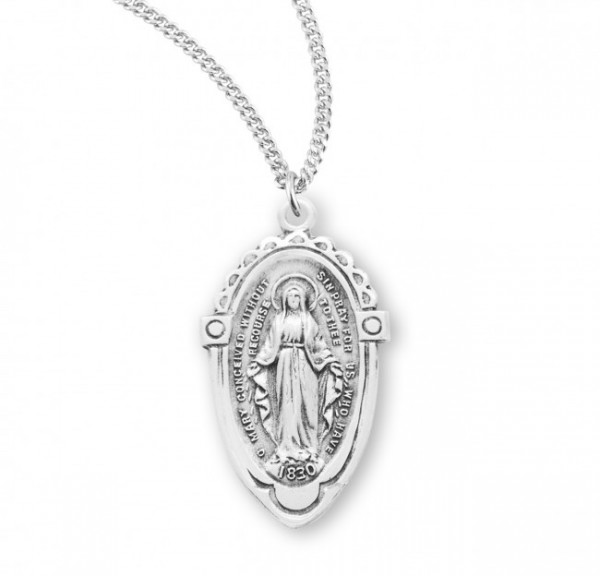 Oblong Scallop Border Miraculous Medal - Sterling Silver