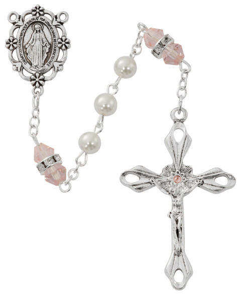 October Birthstone Rosary Pink Pearl Glass - Pink