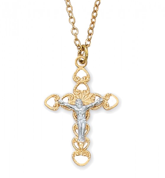 Open Cut Elegant Crucifix Pendant - Two-Tone Gold