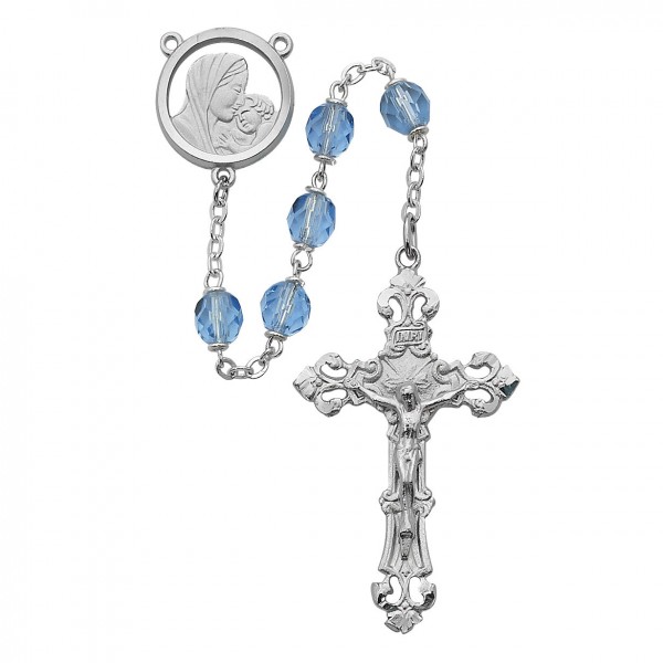 Open Cut Madonna and Child Rosary in Blue - Blue