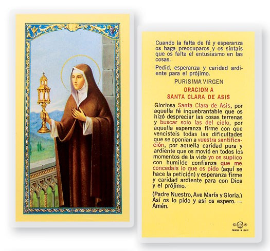 Oracion A Santa Clara De Asis Laminated Spanish Prayer Card - 1 Prayer Card .99 each