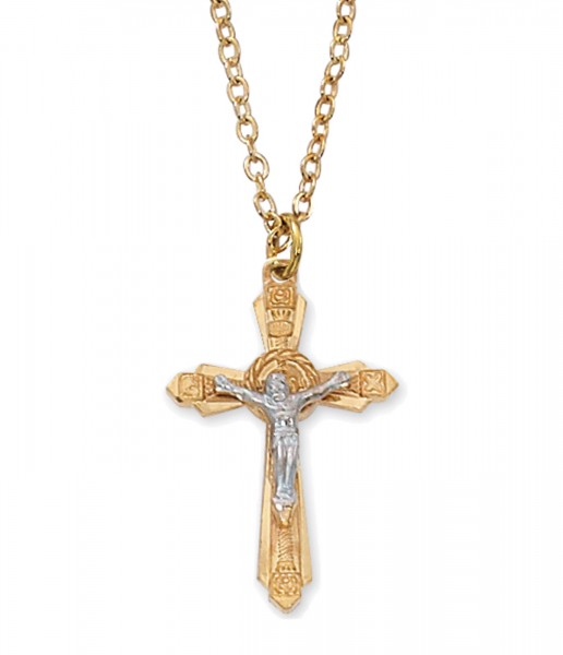 Women's Pointed Edge Wreath Center Crucifix Necklace - Two-Tone Gold