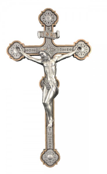 Ornate Wall Crucifix, Pewter Finish - 14 Inch - Two-Tone