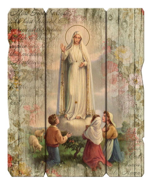 Our Lady of Fatima Distressed Wood Wall Plaque - Full Color