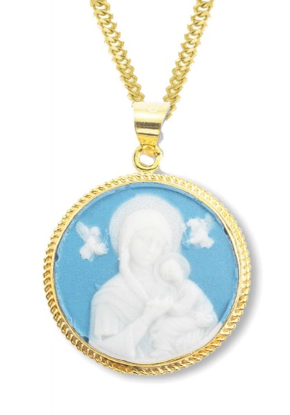 Our Lady of Perpetual Help Cameo Necklace - Blue | Gold
