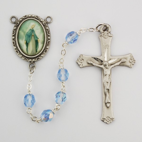 Our Lady of Grace Blue Glass Rosary - Blue