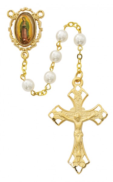 Our Lady of Guadalupe Gold Tone and Cream Rosary - Pearl White