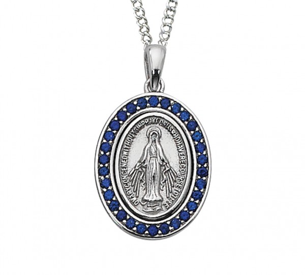 Women's Oval Blue Stone Miraculous Medal with Chain - Silver | Blue