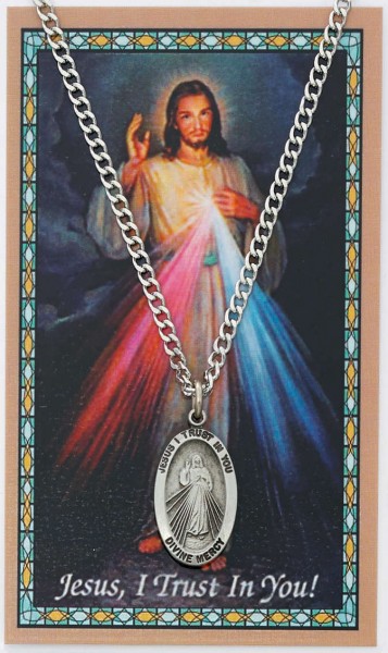 Oval Divine Mercy Medal with Prayer Card - Silver tone
