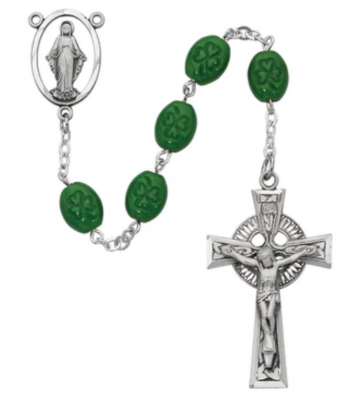 Oval Shamrock Rosary Oxidized Silver - Green