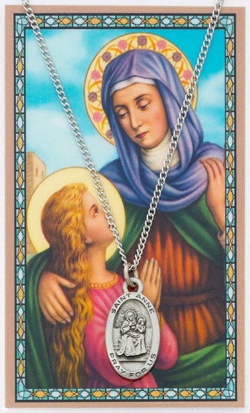 Oval St. Anne Medal with Prayer Card  - Silver tone