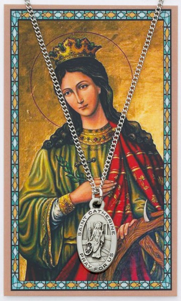 Oval St. Catherine of Alexandria Medal with Prayer Card - Silver tone