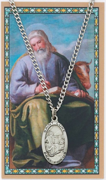 Oval St. Luke Medal with Prayer Card - Silver tone
