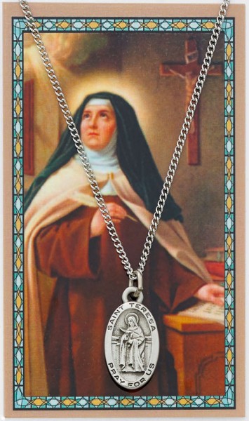 Oval St. Teresa of Avila Medal with Prayer Card - Silver tone