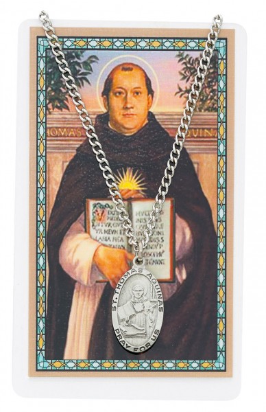 Oval St. Thomas Aquinas Medal with Prayer Card - Silver tone