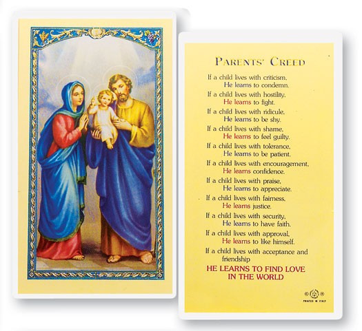 Parents Creed Laminated Prayer Card - 1 Prayer Card .99 each