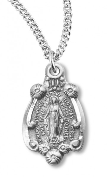 Petite Teardrop Shaped Miraculous Medal with Chain - Sterling Silver