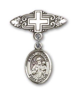 Pin Badge with St. Joseph Charm and Badge Pin with Cross - Silver tone