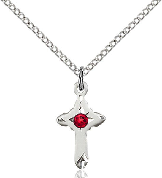 Child's Pointed Edge Cross Pendant with Birthstone Options - Ruby Red