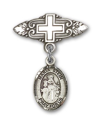 Pin Badge with Maria Stein Charm and Badge Pin with Cross - Silver tone