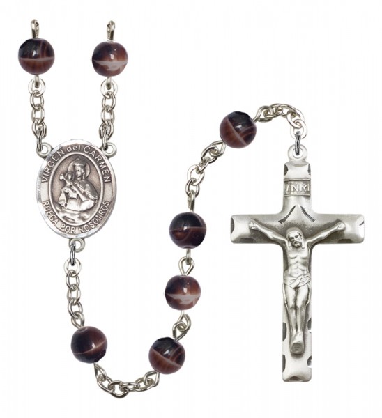 Men's Virgen del Carmen Silver Plated Rosary - Brown