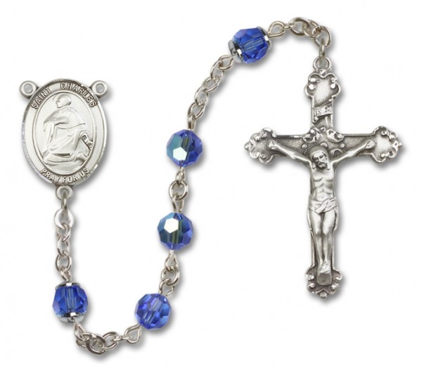 St. Charles Borromeo Sterling Silver Heirloom Rosary Fancy Crucifix - Sapphire