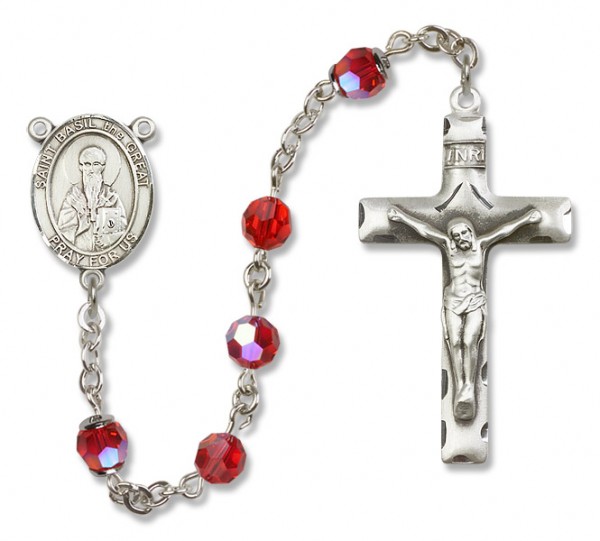 St. Basil the Great Sterling Silver Heirloom Rosary Squared Crucifix - Ruby Red