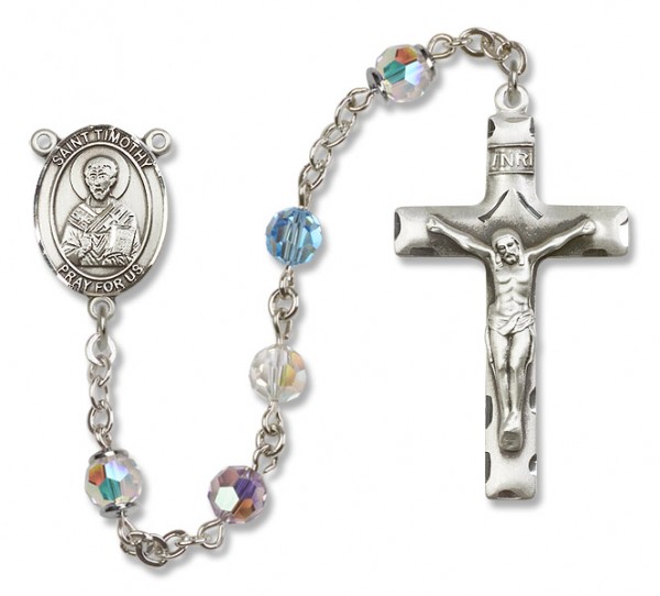 St. Timothy Sterling Silver Heirloom Rosary Squared Crucifix - Multi-Color
