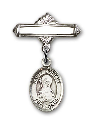 Pin Badge with St. Bridget of Sweden Charm and Polished Engravable Badge Pin - Silver tone